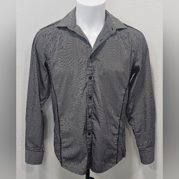 INC International Concepts Men’s Button Down Dress Shirt Black White Pinstripe M - Picture 1 of 12